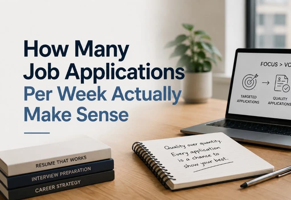 Blog hero on sustainable job search pace: title about how many applications per week make sense, desk with career books, notebook on quality over quantity, and laptop screen comparing targeted quality applications to volume.