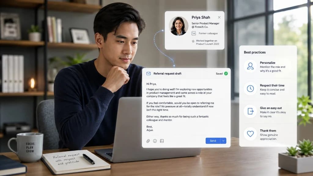 Professional drafting a respectful referral request at a laptop with UI overlays showing a personalized message, colleague profile, and best practices including an easy out and gratitude.
