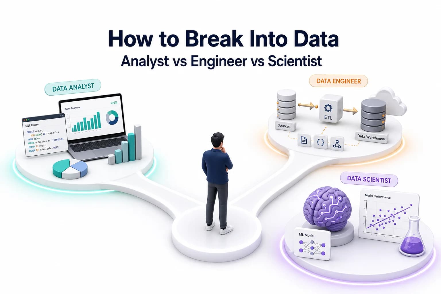 Blog hero for breaking into data careers: three branching paths for Data Analyst (dashboards and SQL), Data Engineer (pipelines and databases), and Data Scientist (ML and experiments).