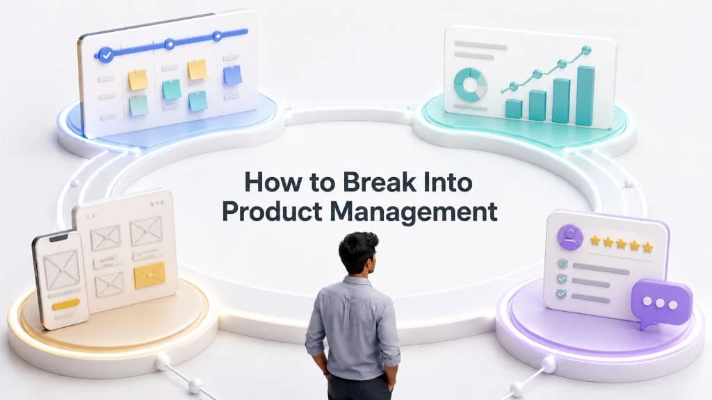 Blog hero for breaking into product management: a person on a central path surrounded by icons for roadmaps, analytics, user feedback, and product design.