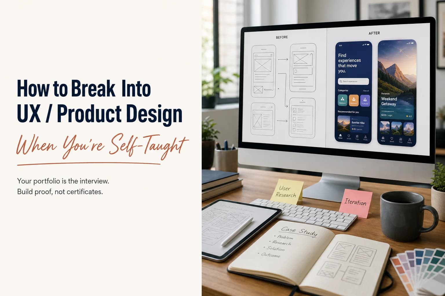 Blog hero for self-taught UX and product design: editorial headline beside a designer desk showing wireframe-to-polished UI on screen, case study notebook, research notes, and color palette.