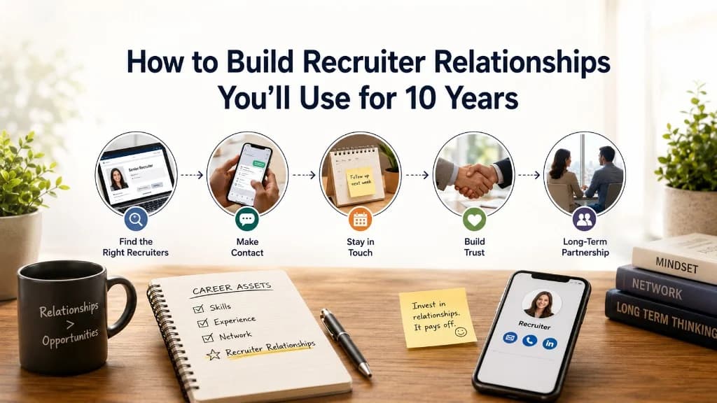 Infographic on building recruiter relationships for 10 years: five steps from finding recruiters to long-term partnership, with desk items highlighting recruiter relationships as a career asset.