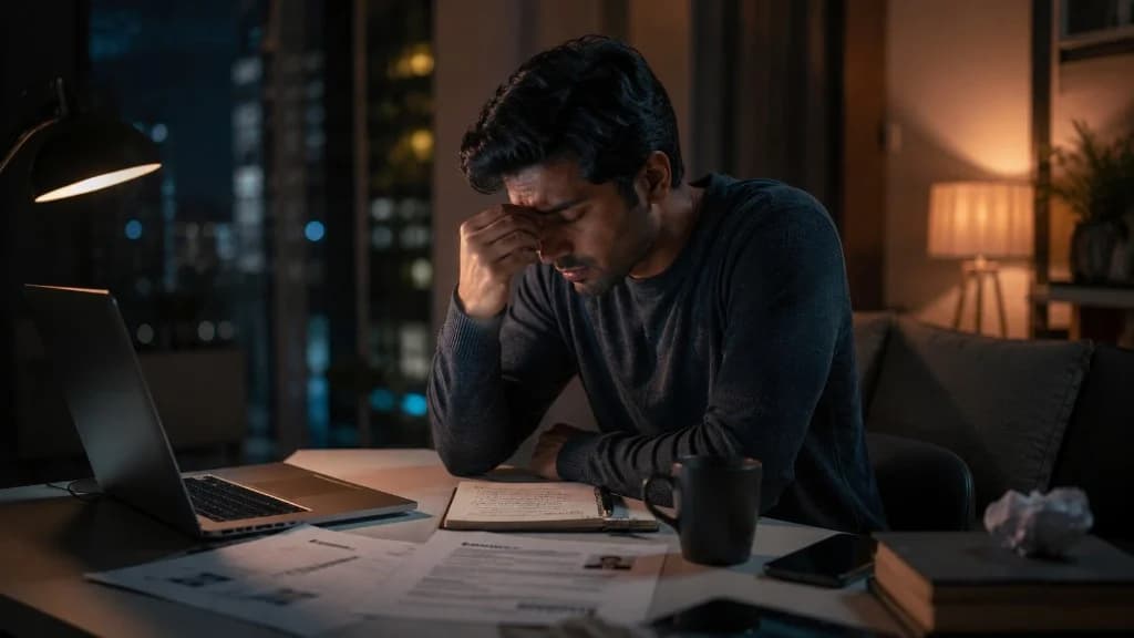 Exhausted job seeker at a desk at night with laptop and resumes — job search burnout, rejection fatigue, and the quiet cost of pushing harder