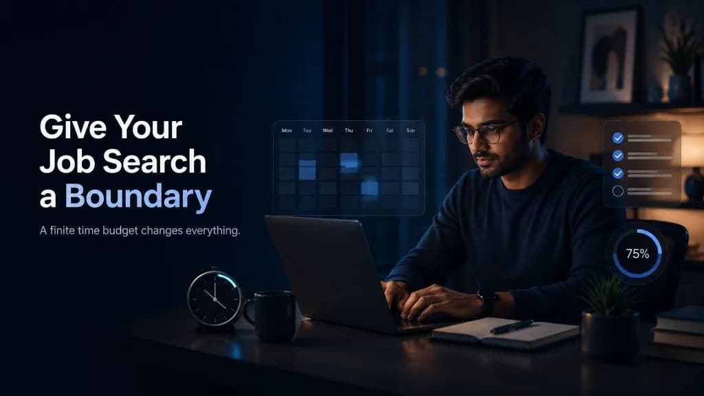 Job seeker at a laptop with holographic calendar blocks, checklist, and progress ring — Give Your Job Search a Boundary, a finite time budget for sustainable searching