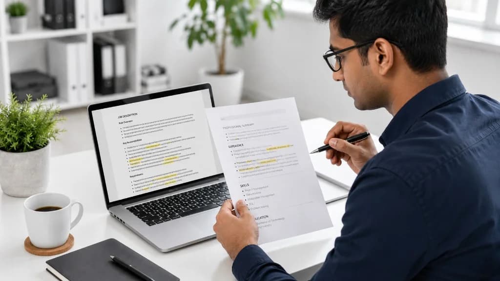 Job seeker comparing highlighted keywords on a job description and resume — honest keyword matching versus keyword stuffing for ATS