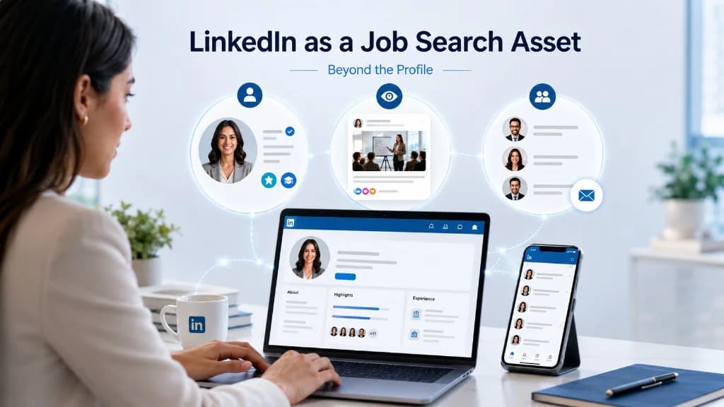 Professional using laptop and smartphone with LinkedIn profile and feed, with floating icons for personal brand, content engagement, and networking — LinkedIn as a job search asset beyond the profile.