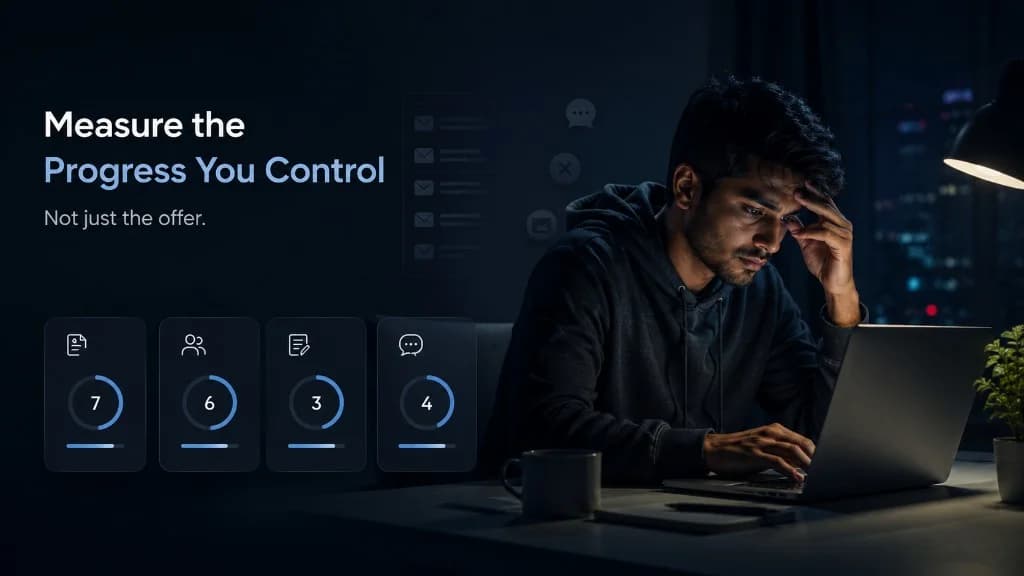 Job seeker at a laptop at night with process metric cards for applications, networking, preparation, and follow-ups — Measure the Progress You Control, not just the offer