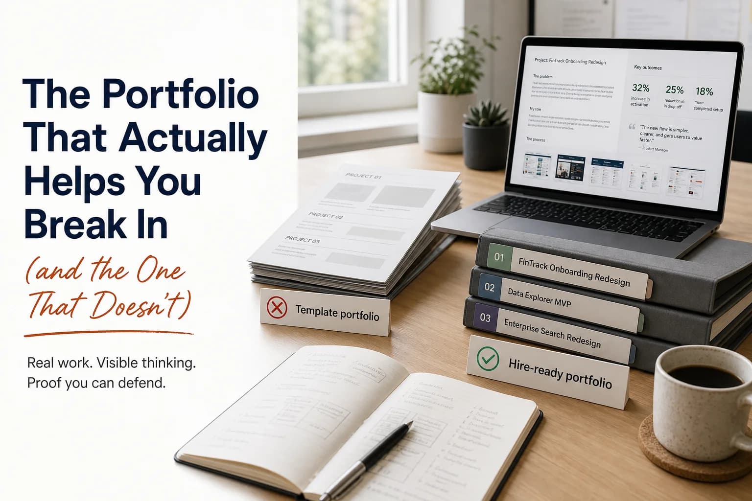 Blog hero comparing portfolios that help you break in versus template work: editorial headline beside a desk showing hire-ready case studies versus faded generic template projects.