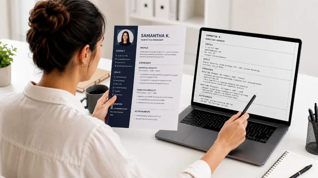 Comparing a designed two-column resume with the plain text-only version an ATS parses on a laptop — resume formatting that breaks ATS parsing