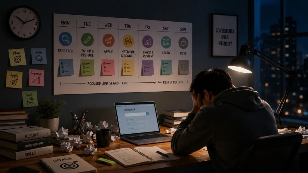 Home office with a weekly job search planner for research, tailor, apply, network, track, learn, and rest — sustainable job search week structure with focused blocks and protected downtime