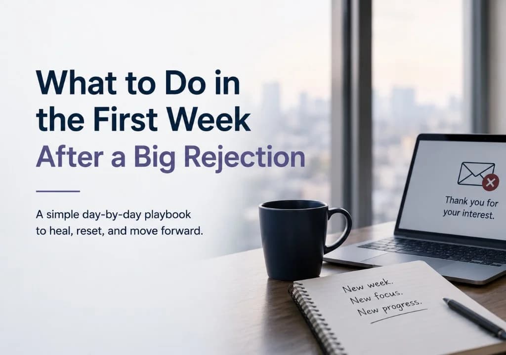 Blog hero for recovering after a tough rejection: headline on a calm desk scene with laptop showing a polite rejection notice, mug, notebook with “New week · New focus · New progress,” and city light through the window.