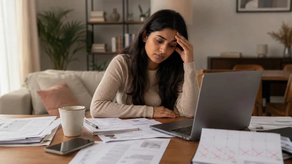 Overwhelmed job seeker at a desk with resumes, laptop, and a calendar crossed with X marks — why job search burnout happens