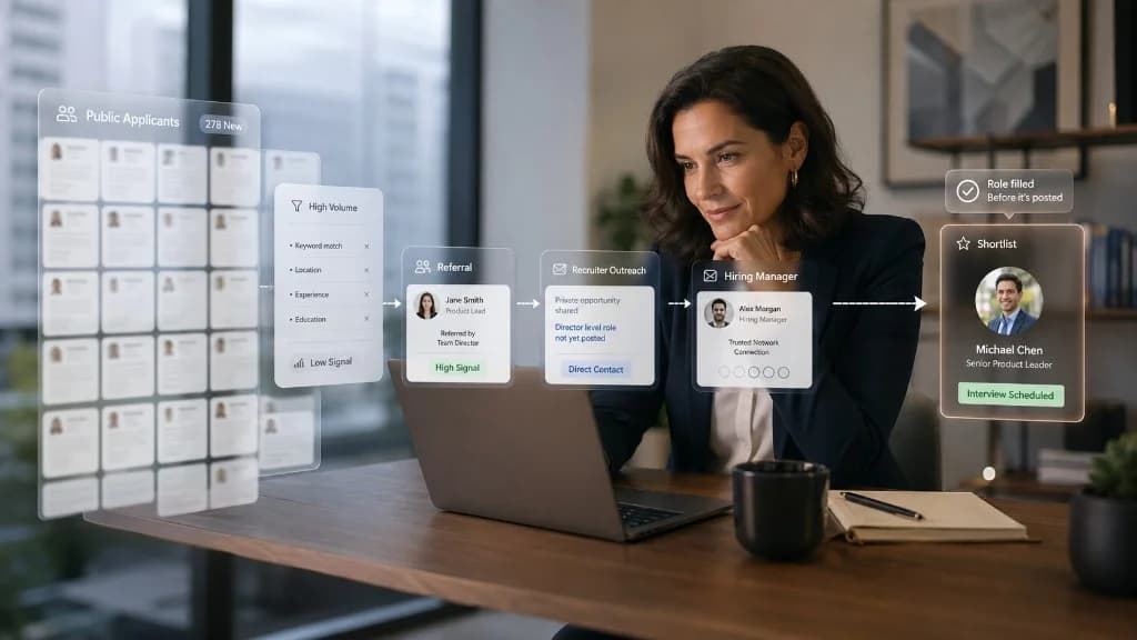 Hiring manager reviewing a holographic pipeline from high-volume public applicants to referral and recruiter outreach, ending with a shortlist and a role filled before it is posted.
