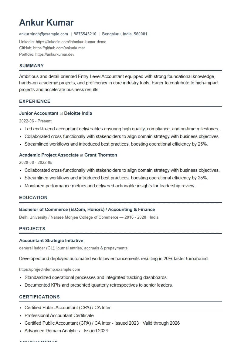 Entry-Level Accountant Resume Example using Modern Professional template layout