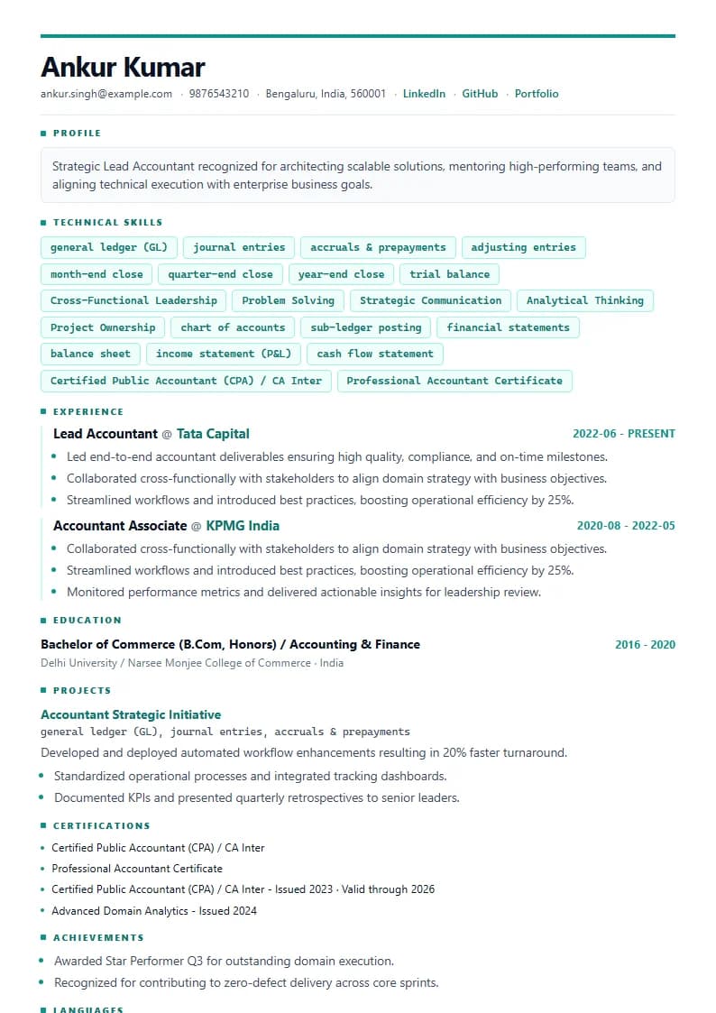 Lead Accountant Resume Example using Silicon Teal Meridian template layout