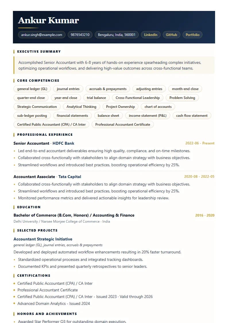 Senior Accountant Resume Example using Executive Onyx Gold template layout