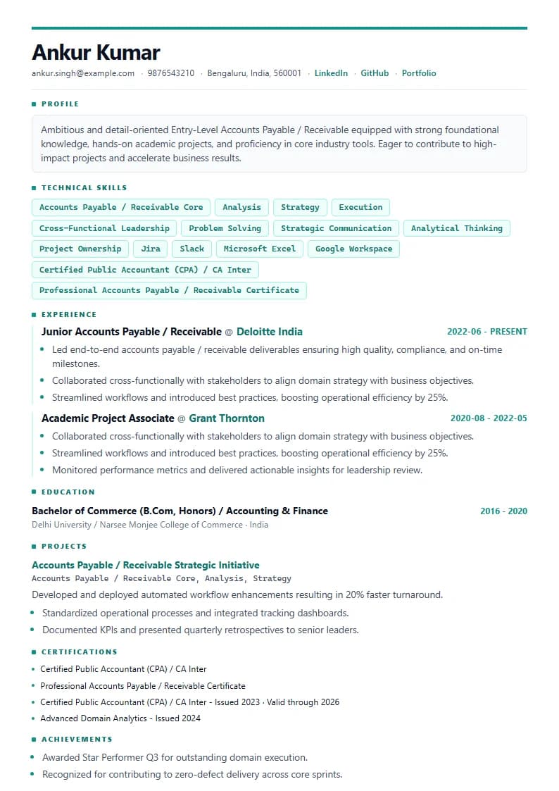 Entry-Level Accounts Payable / Receivable Resume Example using Executive Onyx Gold template layout