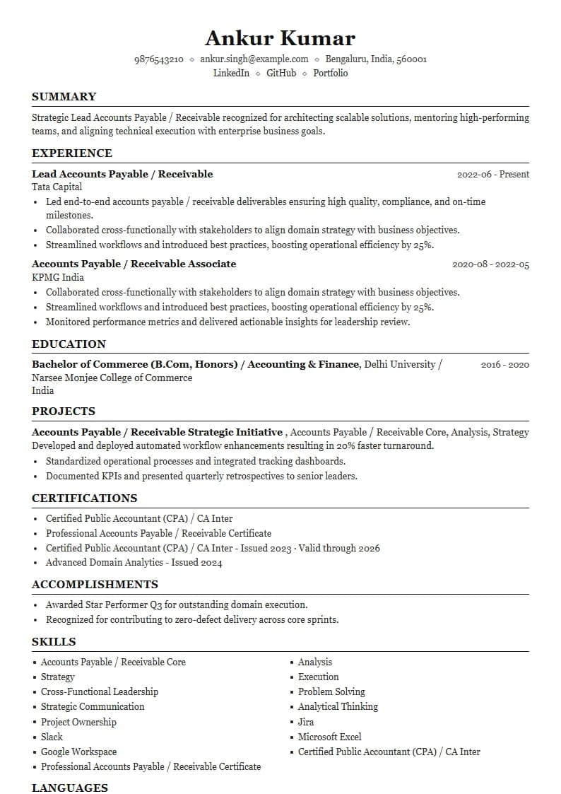 Lead Accounts Payable / Receivable Resume Example using Crisp Column Slate template layout