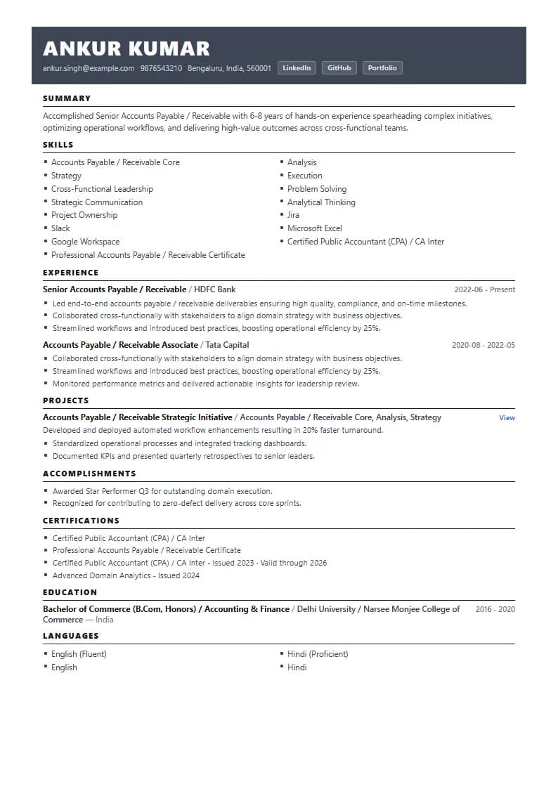 Senior Accounts Payable / Receivable Resume Example using Mercator Marketing Executive template layout