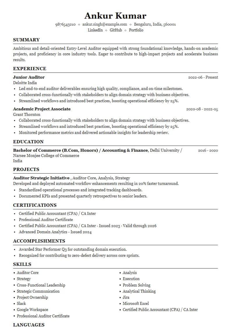 Entry-Level Auditor Resume Example using Mercator Marketing Executive template layout