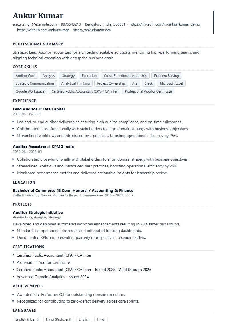 Lead Auditor Resume Example using Compact Professional Azure template layout