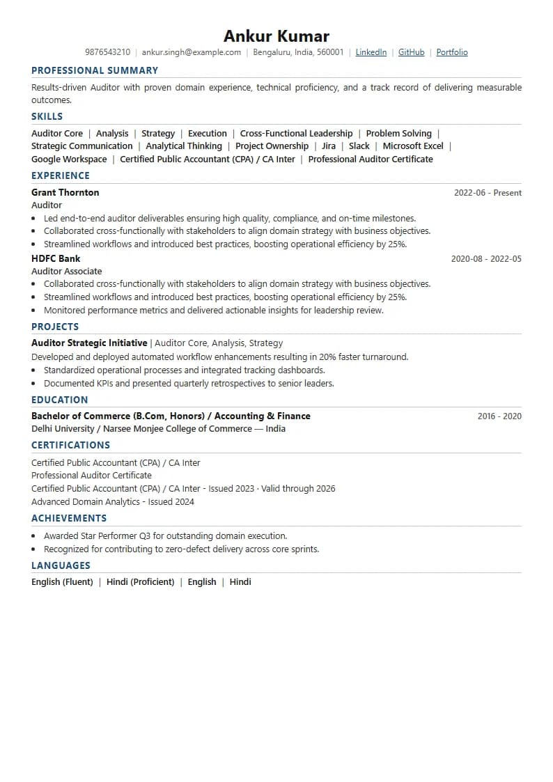 Auditor Resume Example using Crisp Column Slate template layout