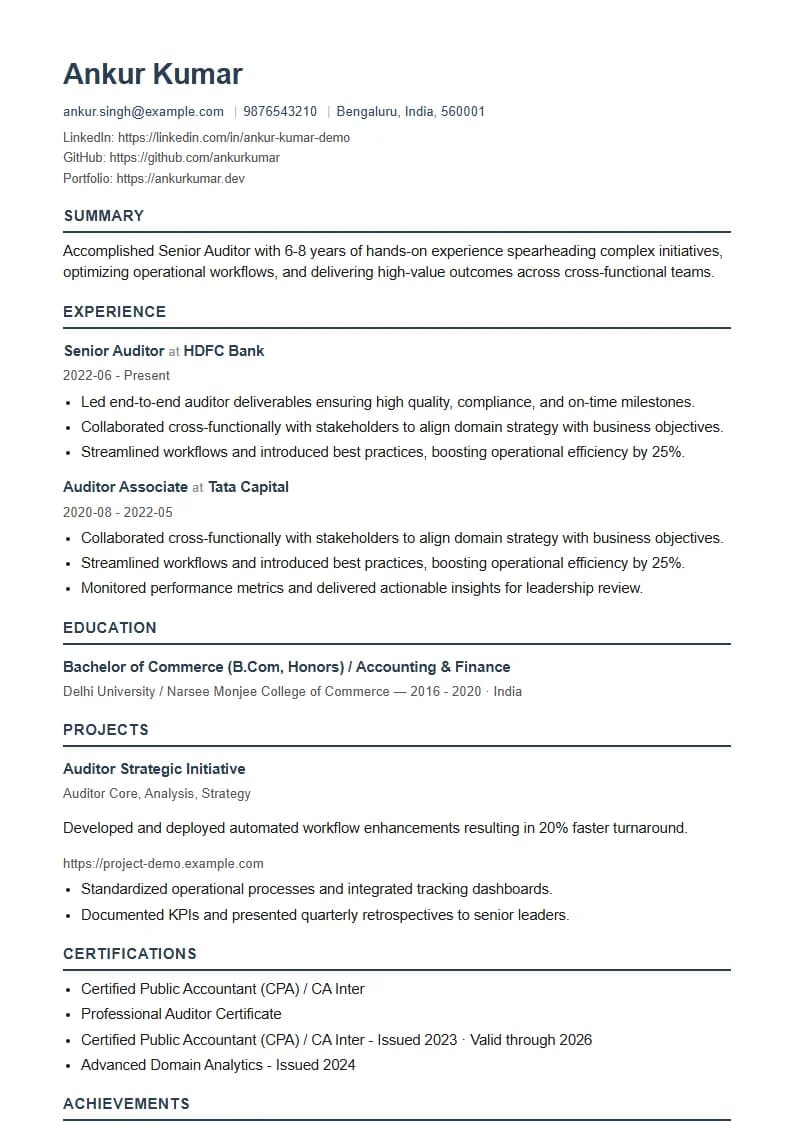 Senior Auditor Resume Example using Timeless Serif Classic template layout