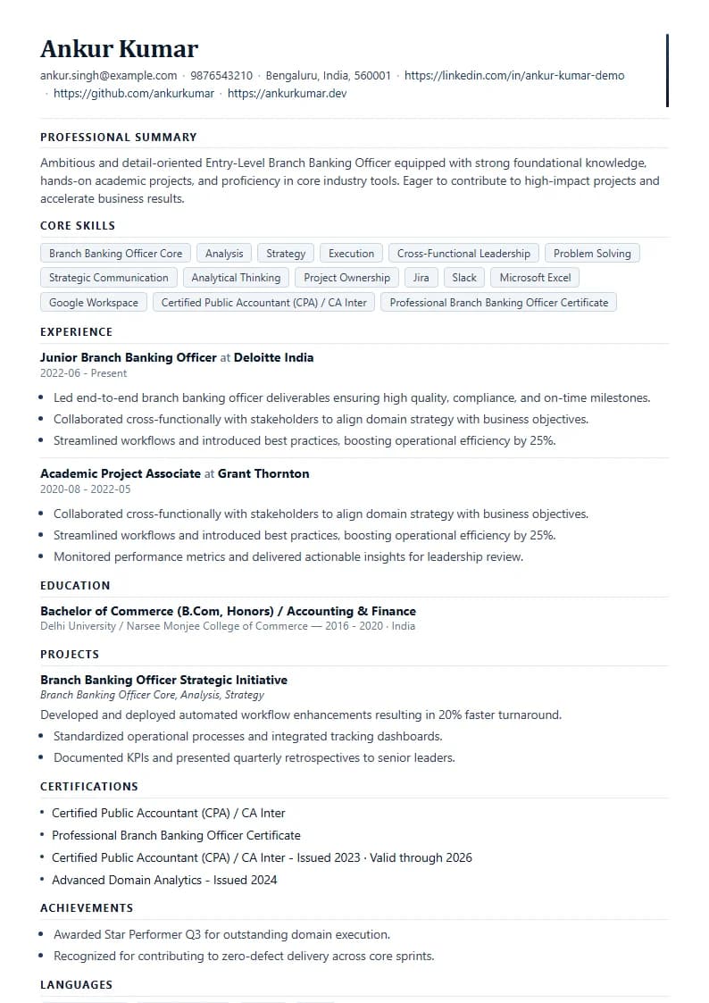 Entry-Level Branch Banking Officer Resume Example using Timeless Serif Classic template layout