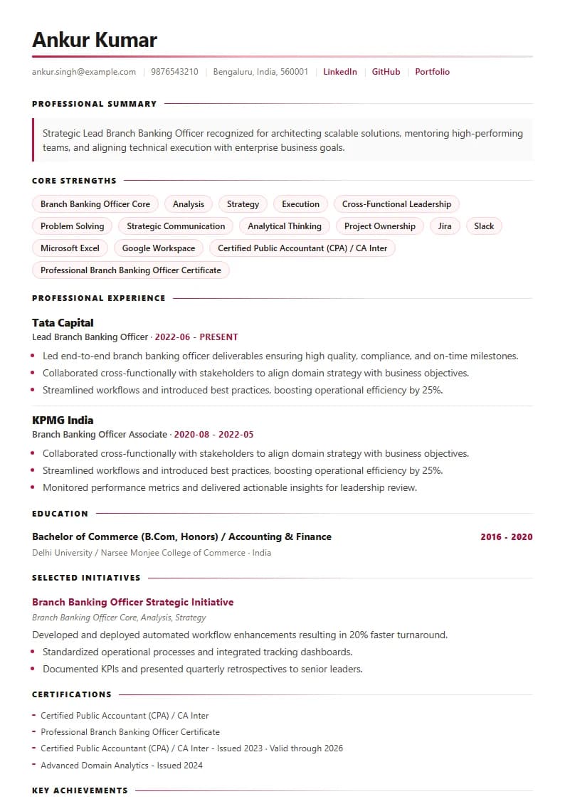 Lead Branch Banking Officer Resume Example using Corporate Elite Resume template layout