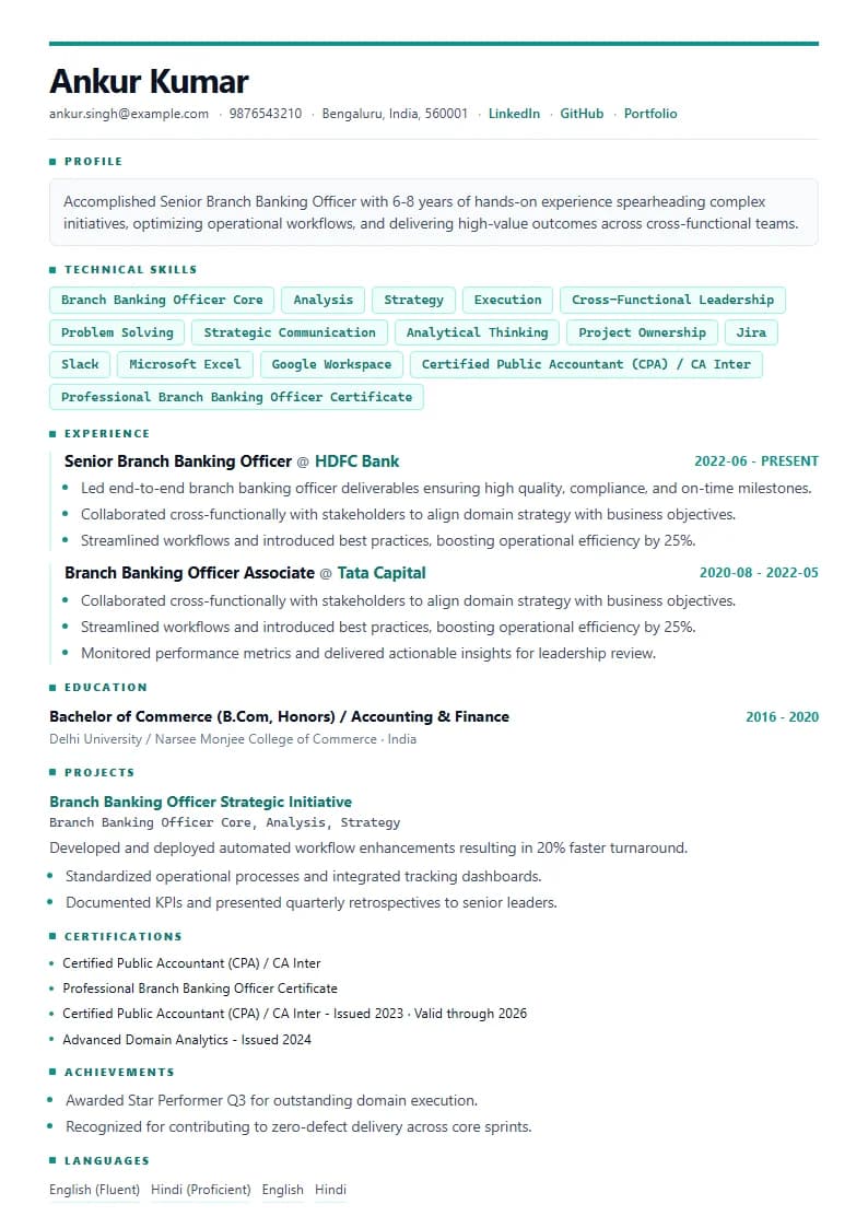 Senior Branch Banking Officer Resume Example using Modern Professional template layout