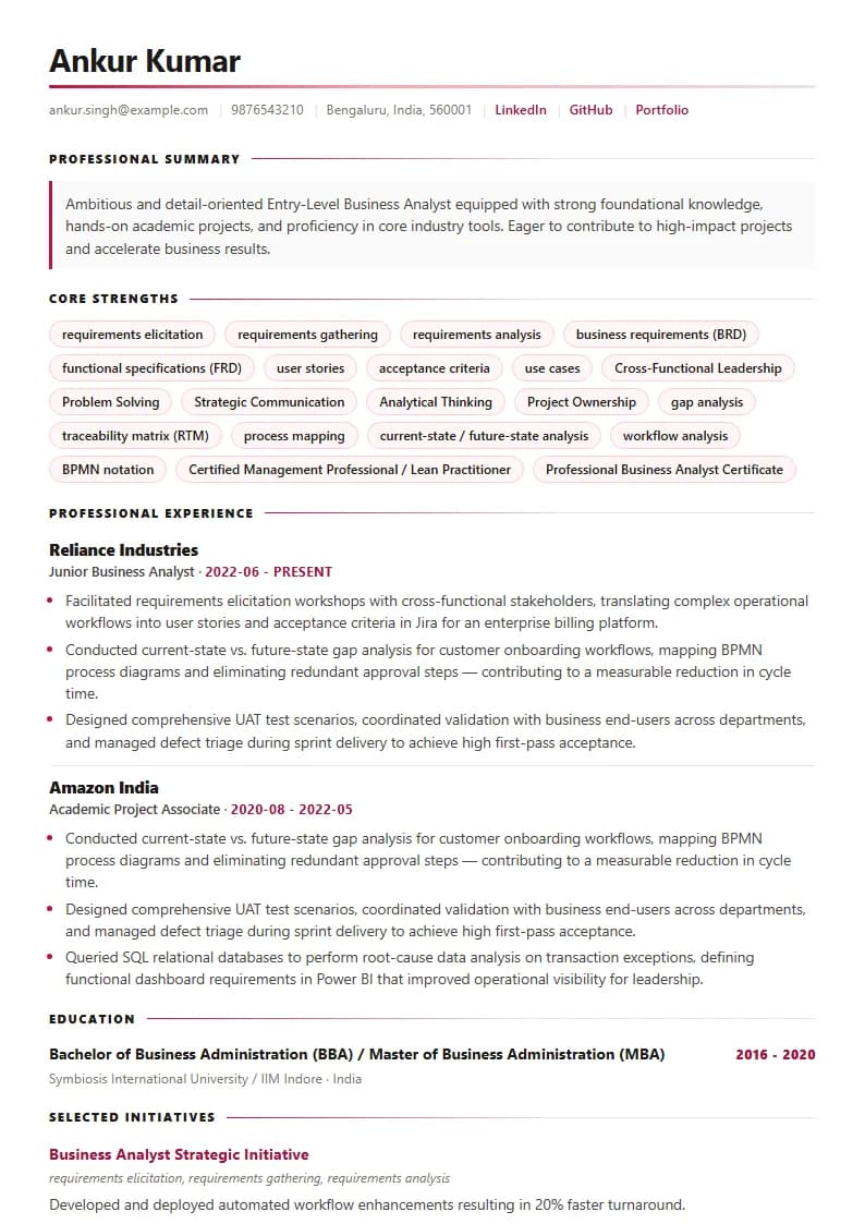 Entry-Level Business Analyst Resume Example using Modern Professional template layout