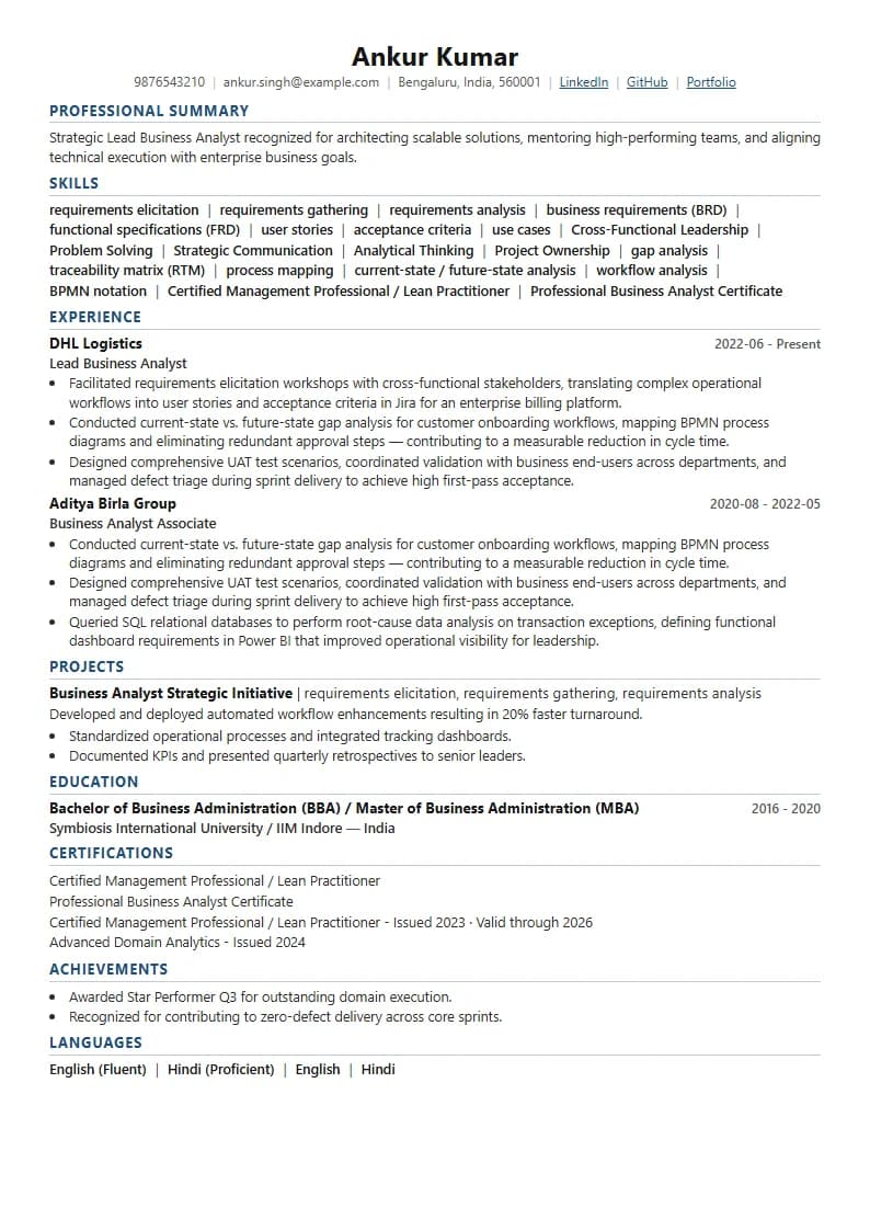 Lead Business Analyst Resume Example using Silicon Teal Meridian template layout