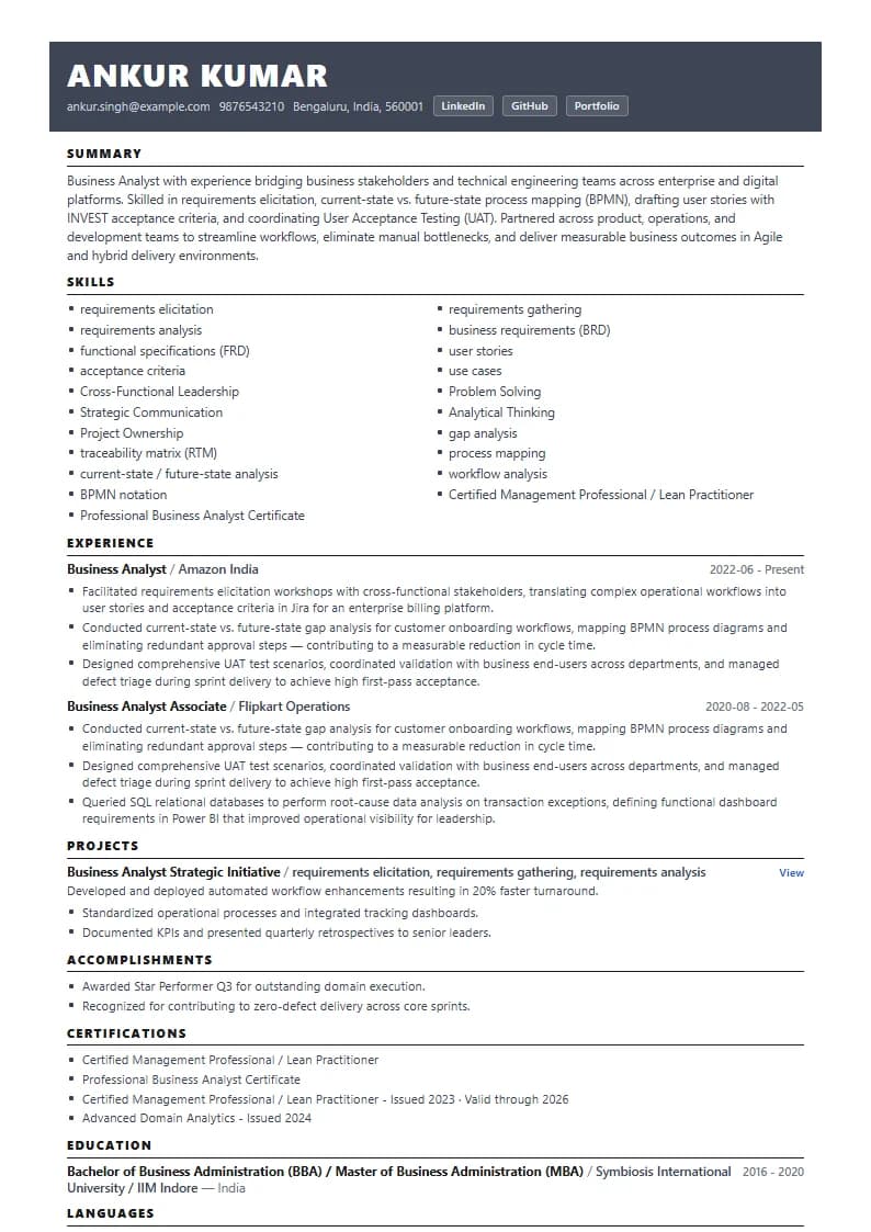 Business Analyst Resume Example using Corporate Elite Resume template layout