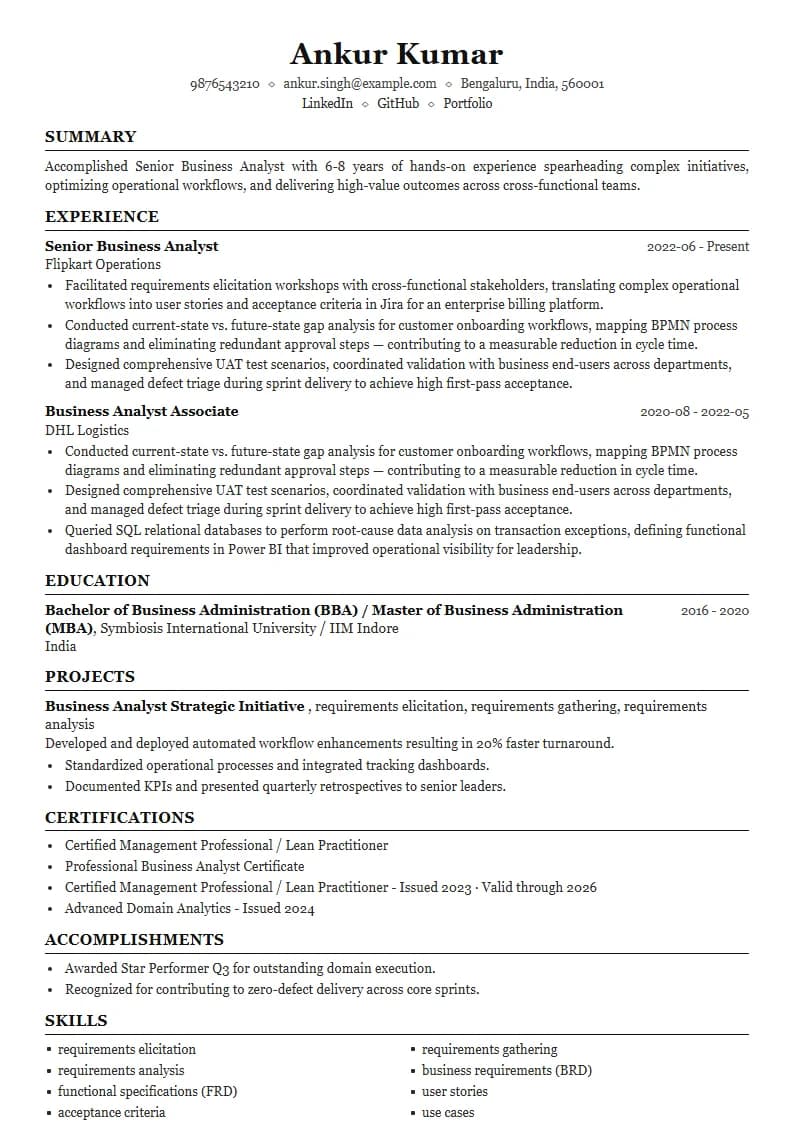 Senior Business Analyst Resume Example using Executive Onyx Gold template layout
