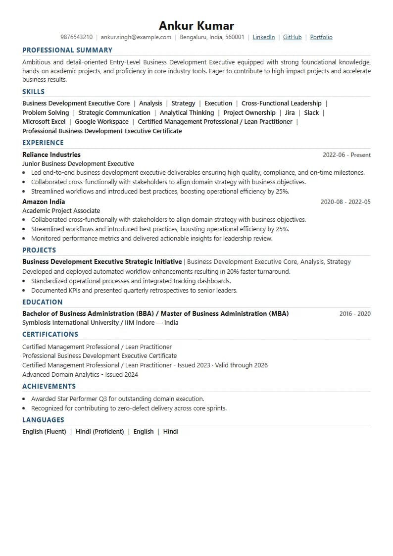 Entry-Level Business Development Executive Resume Example using Executive Onyx Gold template layout