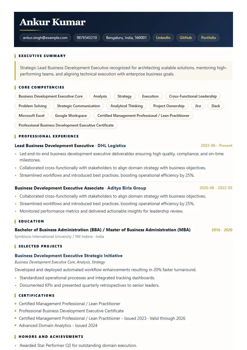 Lead Business Development Executive Resume Example using Crisp Column Slate template layout