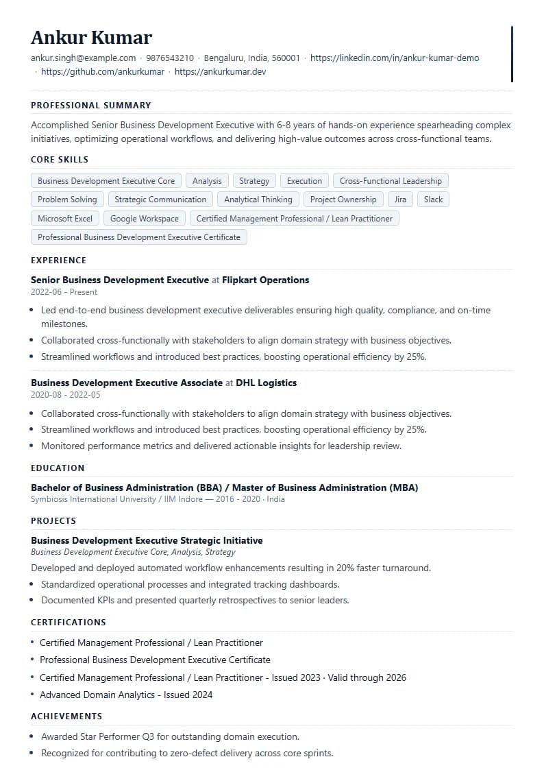 Senior Business Development Executive Resume Example using Mercator Marketing Executive template layout