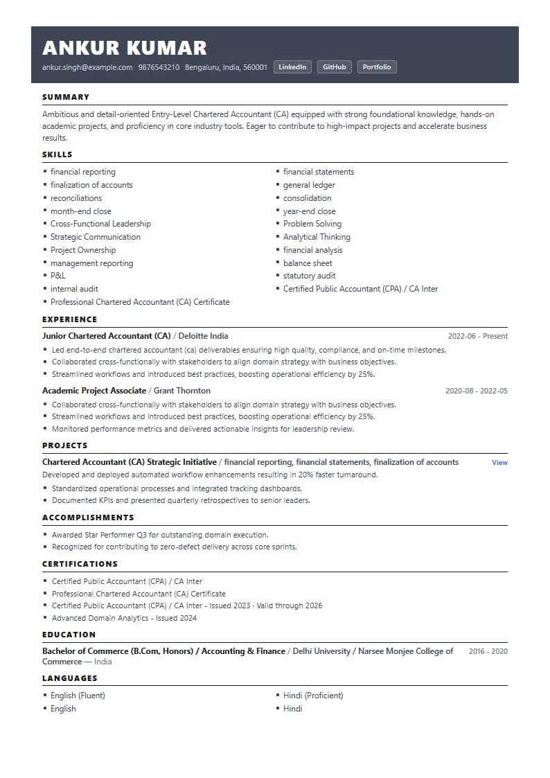 Entry-Level Chartered Accountant (CA) Resume Example using Timeless Serif Classic template layout