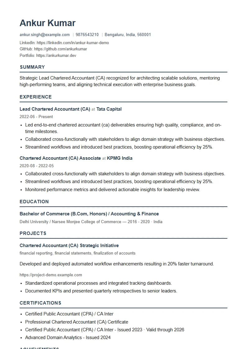 Lead Chartered Accountant (CA) Resume Example using Corporate Elite Resume template layout