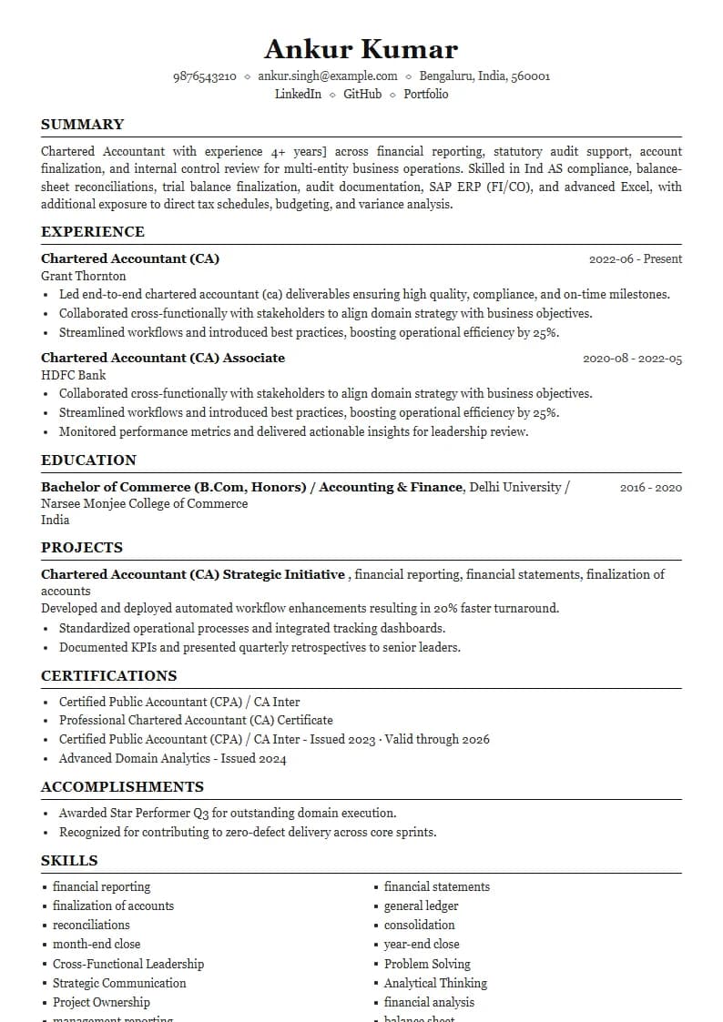 Chartered Accountant (CA) Resume Example using Compact Professional Azure template layout