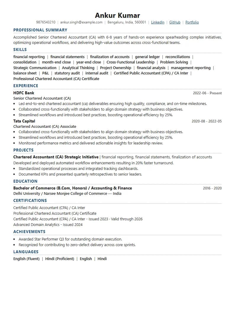 Senior Chartered Accountant (CA) Resume Example using Modern Professional template layout