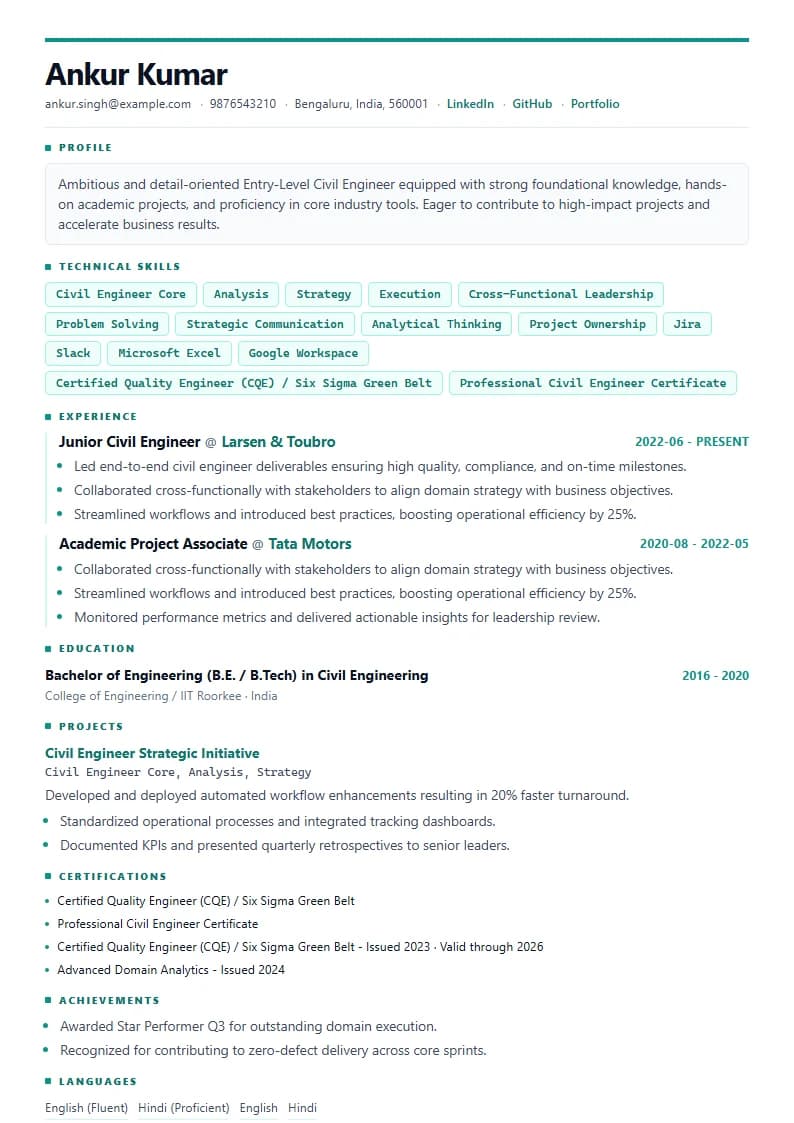 Entry-Level Civil Engineer Resume Example using Executive Onyx Gold template layout