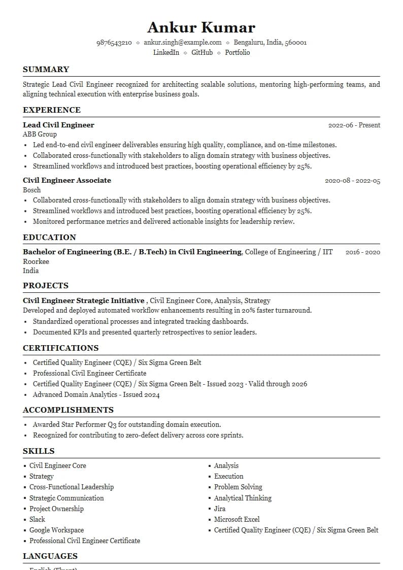 Lead Civil Engineer Resume Example using Crisp Column Slate template layout