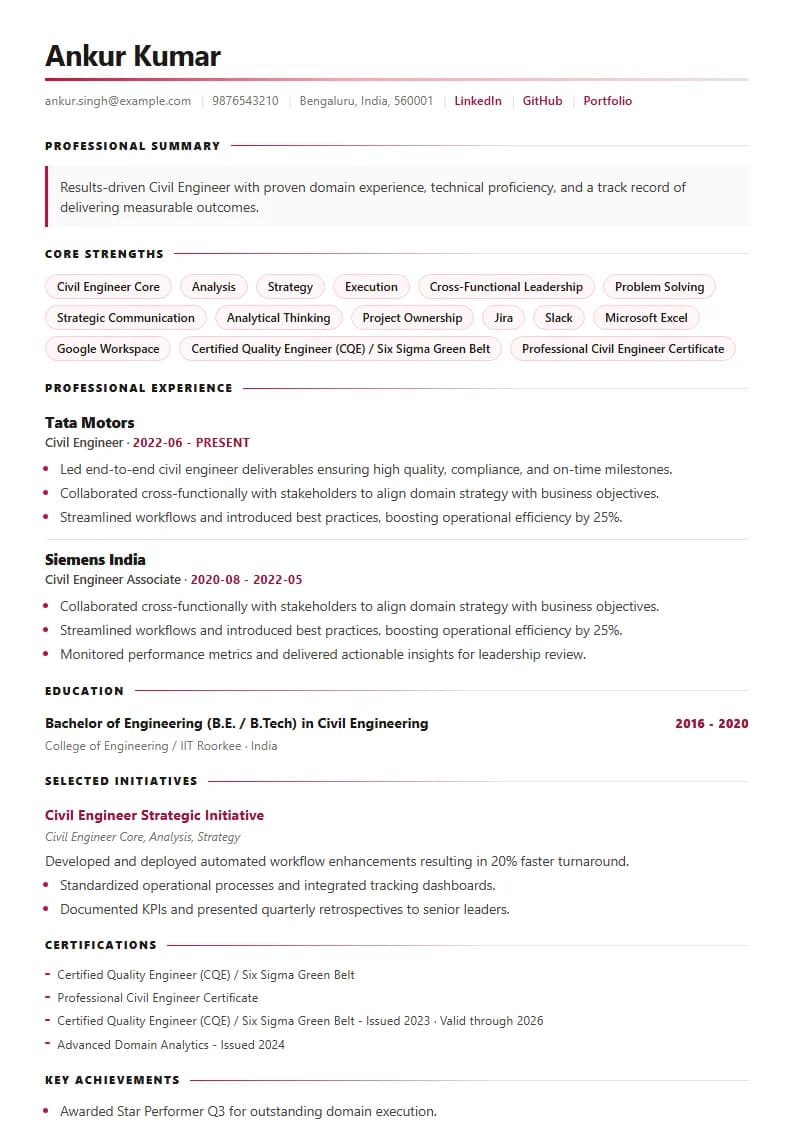 Civil Engineer Resume Example using Silicon Teal Meridian template layout
