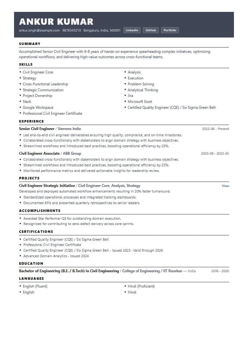 Senior Civil Engineer Resume Example using Mercator Marketing Executive template layout