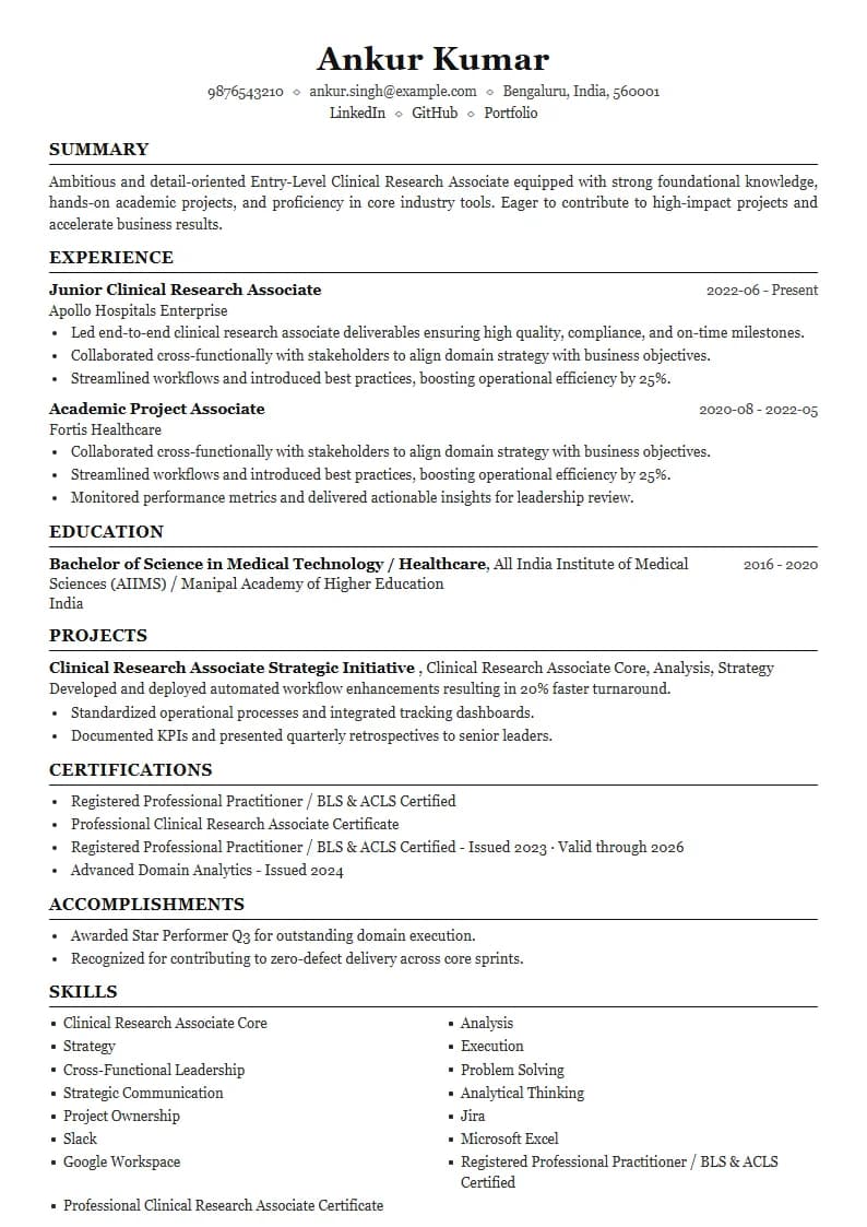 Entry-Level Clinical Research Associate Resume Example using Mercator Marketing Executive template layout