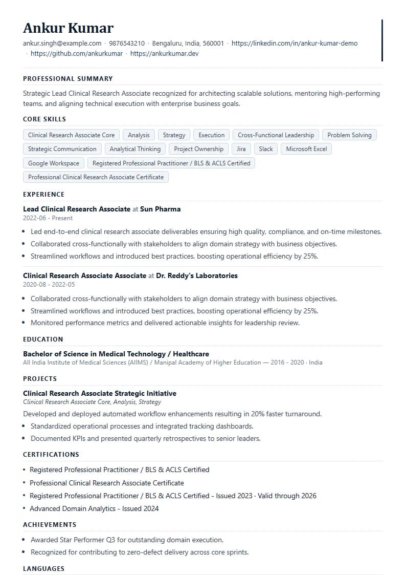 Lead Clinical Research Associate Resume Example using Compact Professional Azure template layout