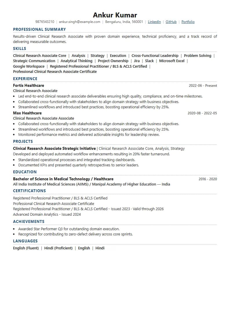 Clinical Research Associate Resume Example using Crisp Column Slate template layout