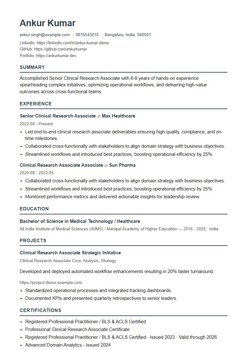 Senior Clinical Research Associate Resume Example using Timeless Serif Classic template layout