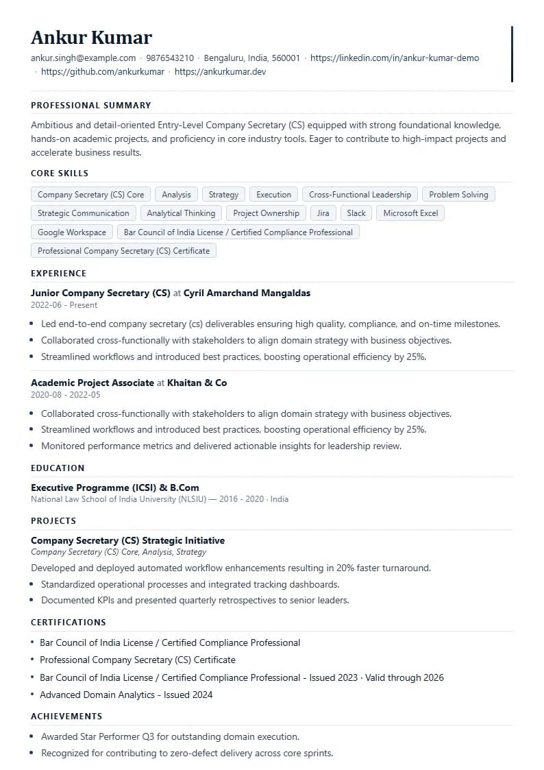 Entry-Level Company Secretary (CS) Resume Example using Timeless Serif Classic template layout